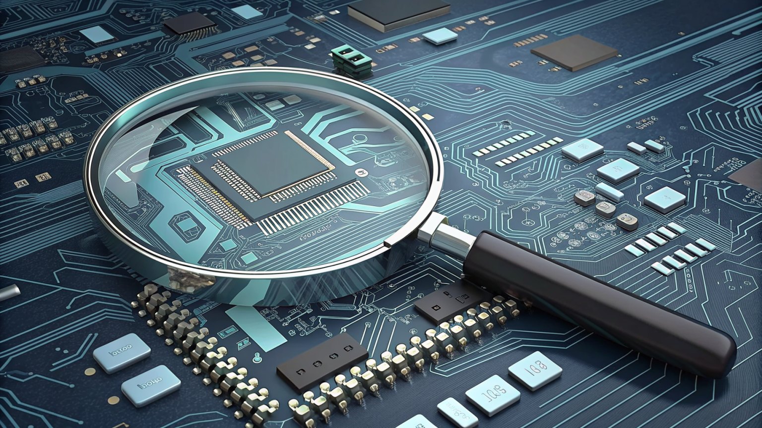 a magnifying glass hovering over a digital circuit board, symbolizing anomaly detection