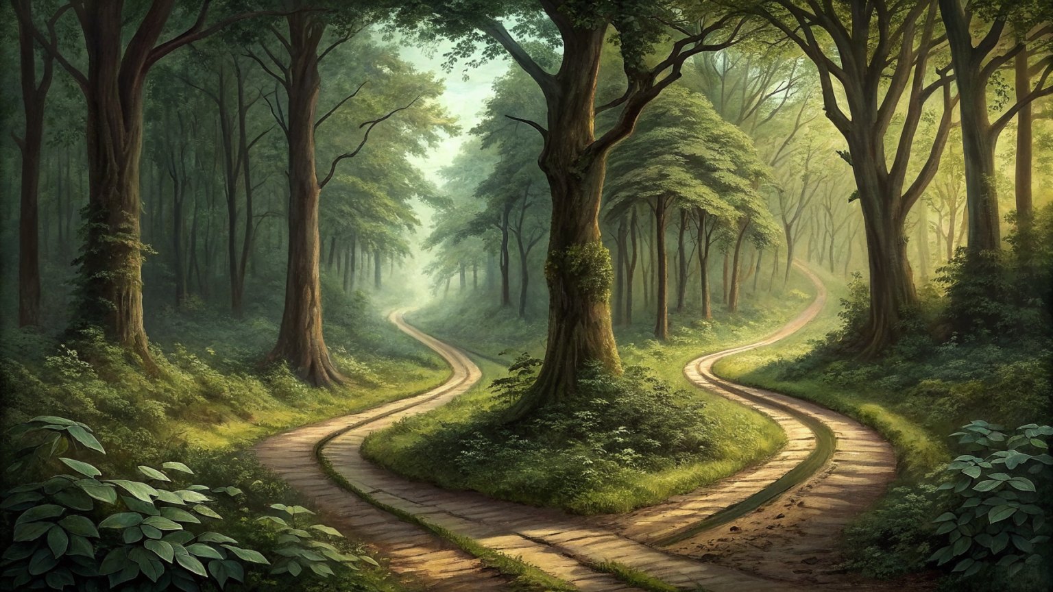 Two diverging paths in a forest, one narrow and deep, the other wide and expansive