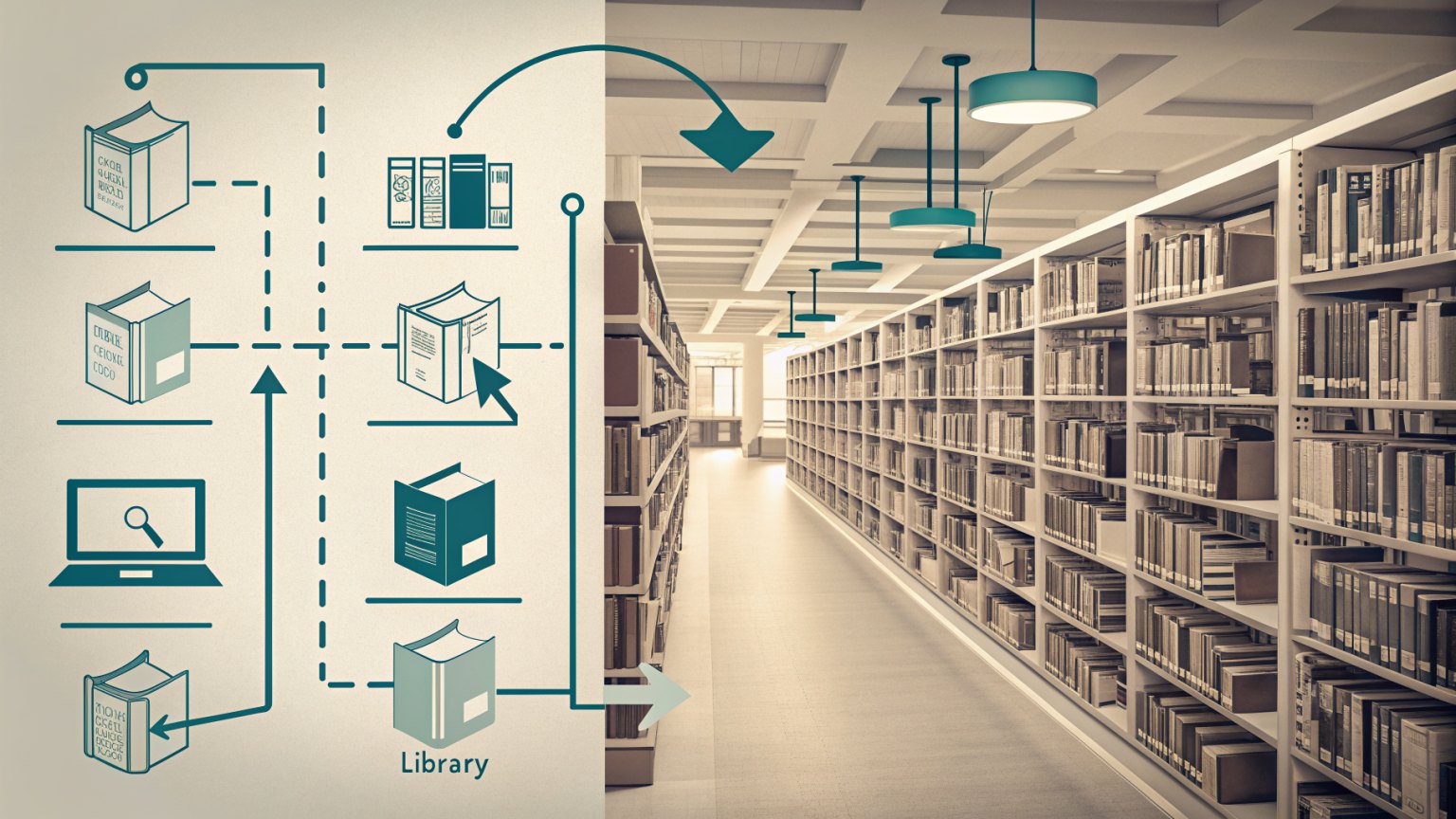 Flowchart transforming into a well-organized library