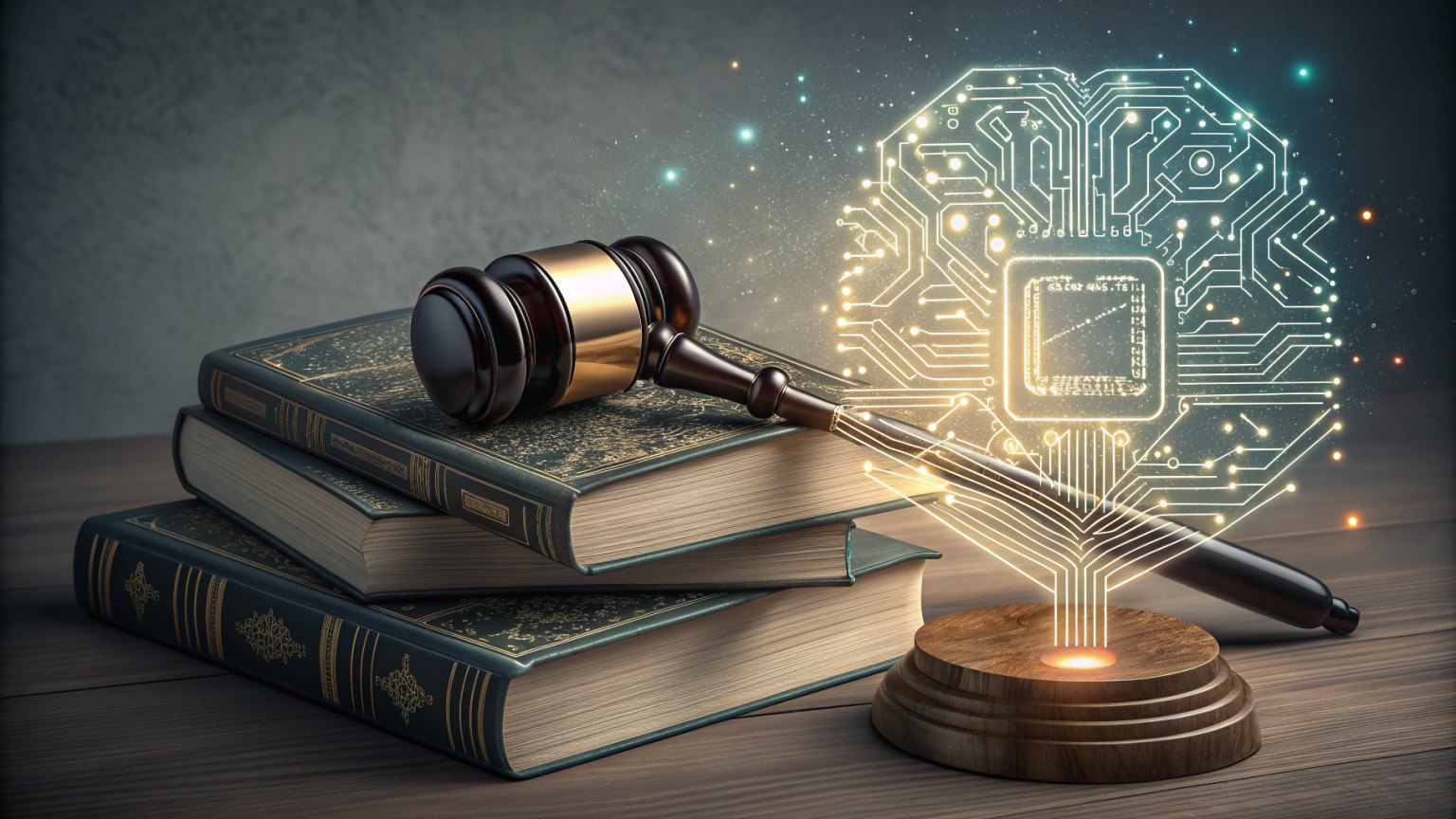 A gavel resting on a stack of law books, with a glowing AI circuit pattern overlay