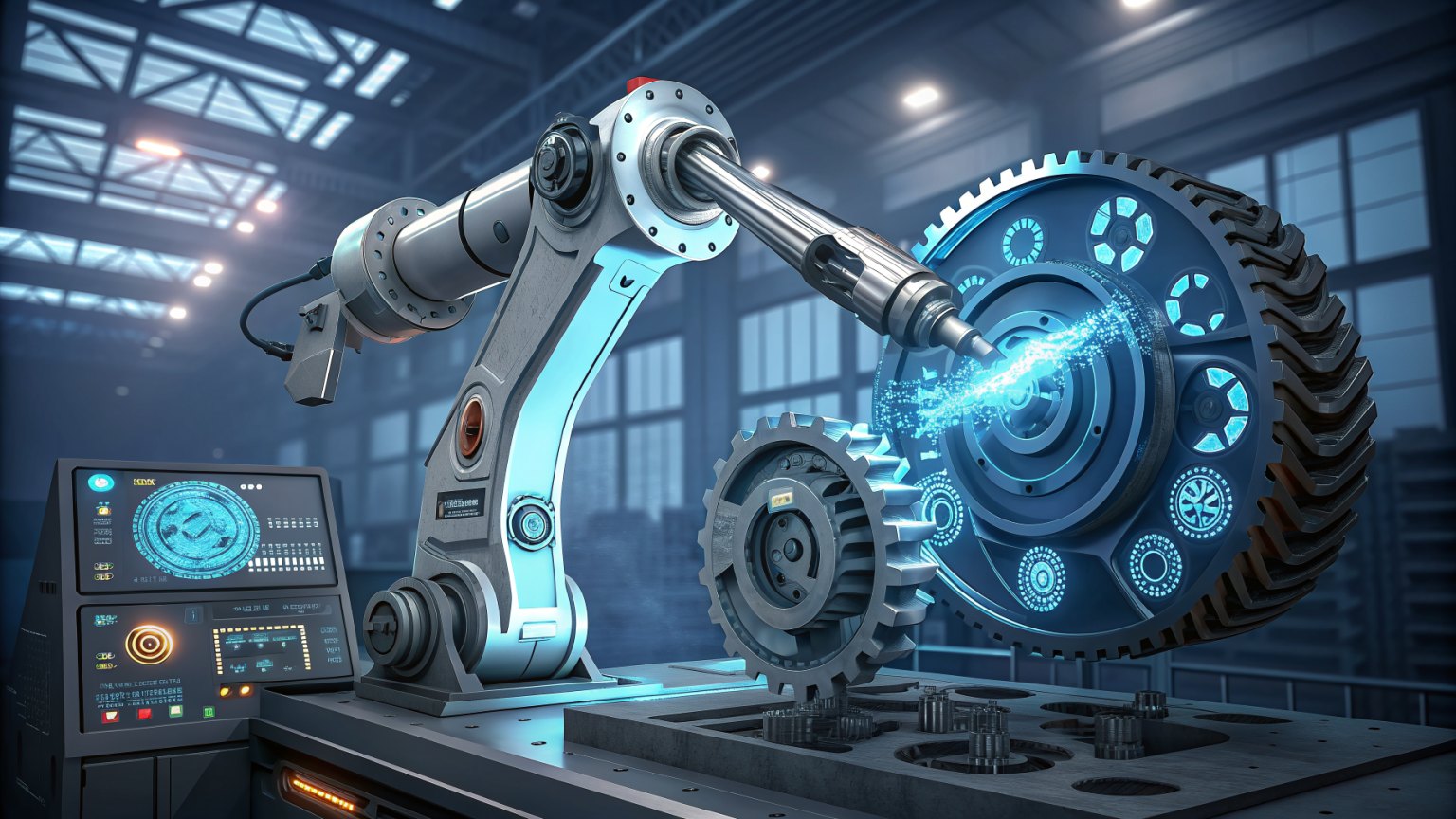 A futuristic robot arm adjusting gears on a large machine, symbolizing autonomous fine-tuning