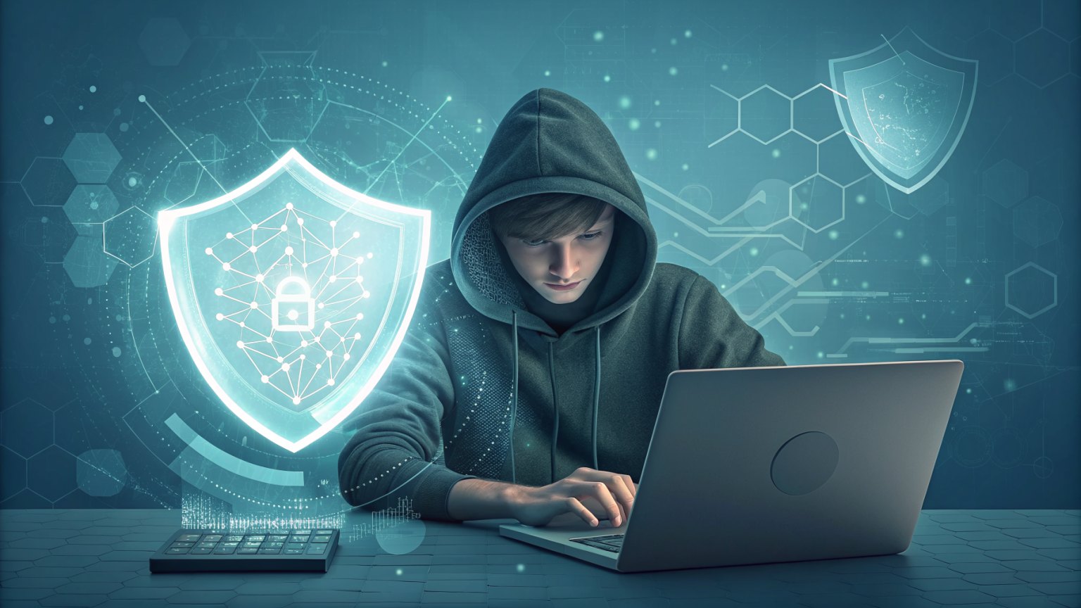 Teen coder with digital shield around laptop