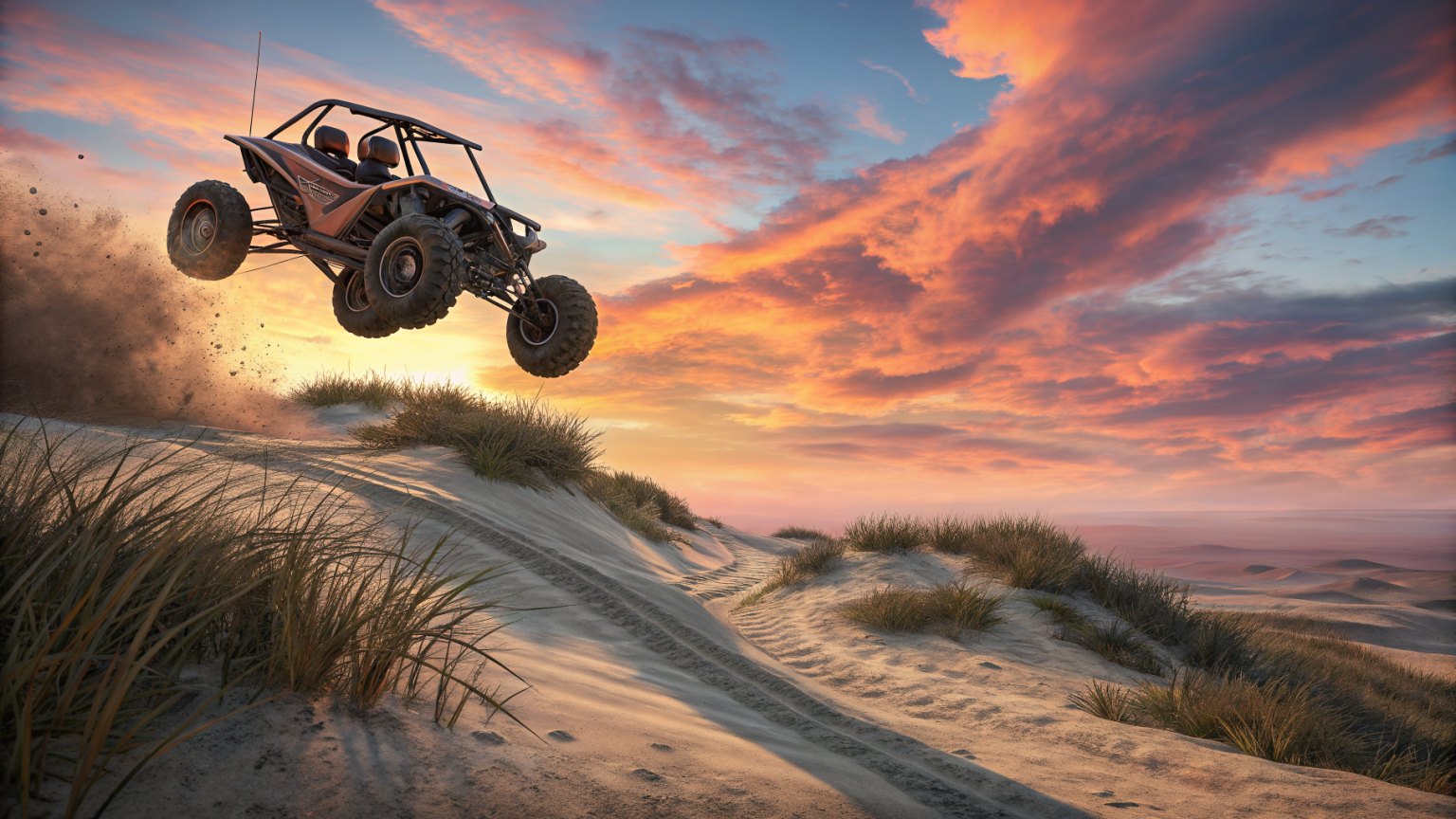 speeding ATV mid-air jump against a sunset backdrop