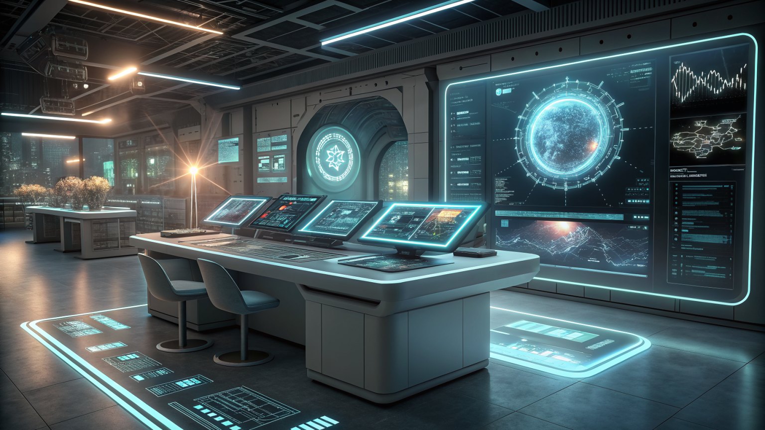 A futuristic trading desk with glowing screens and AI holograms