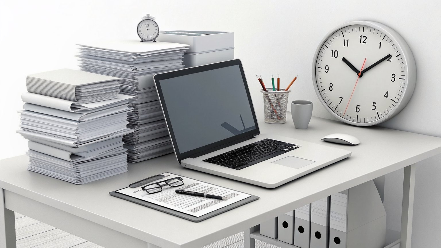 A unified workspace with a laptop, documents, and a clock
