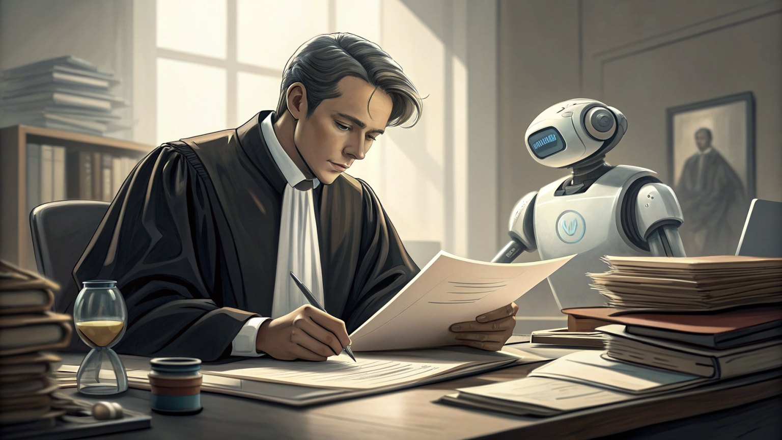 A lawyer reviewing documents with an AI assistant in the background