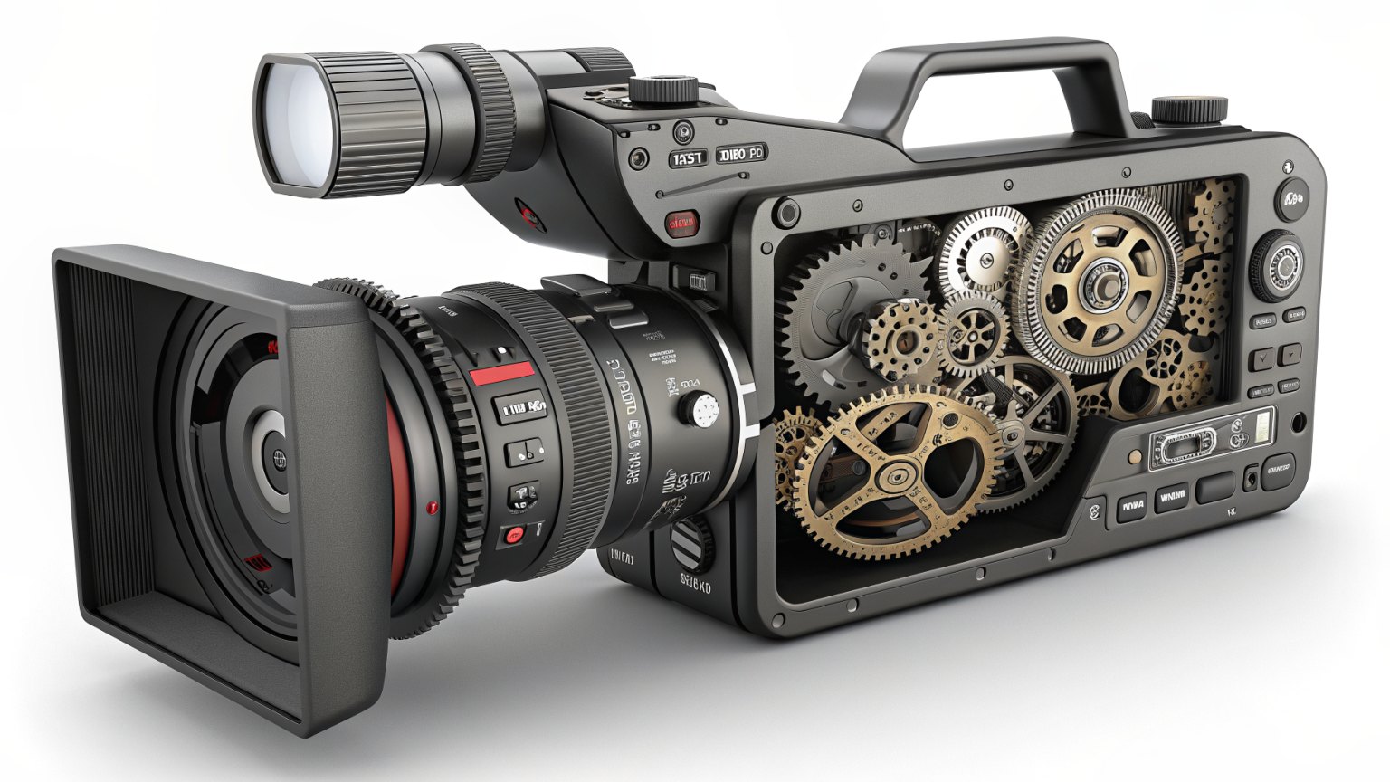 a video camera with gears inside, symbolizing optimized video processing