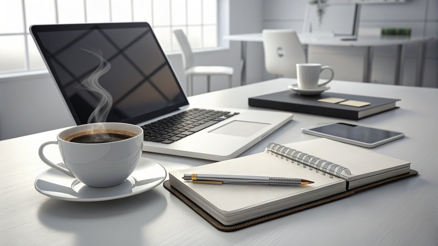 A modern office desk with a laptop, a coffee cup, and a neatly organized notebook