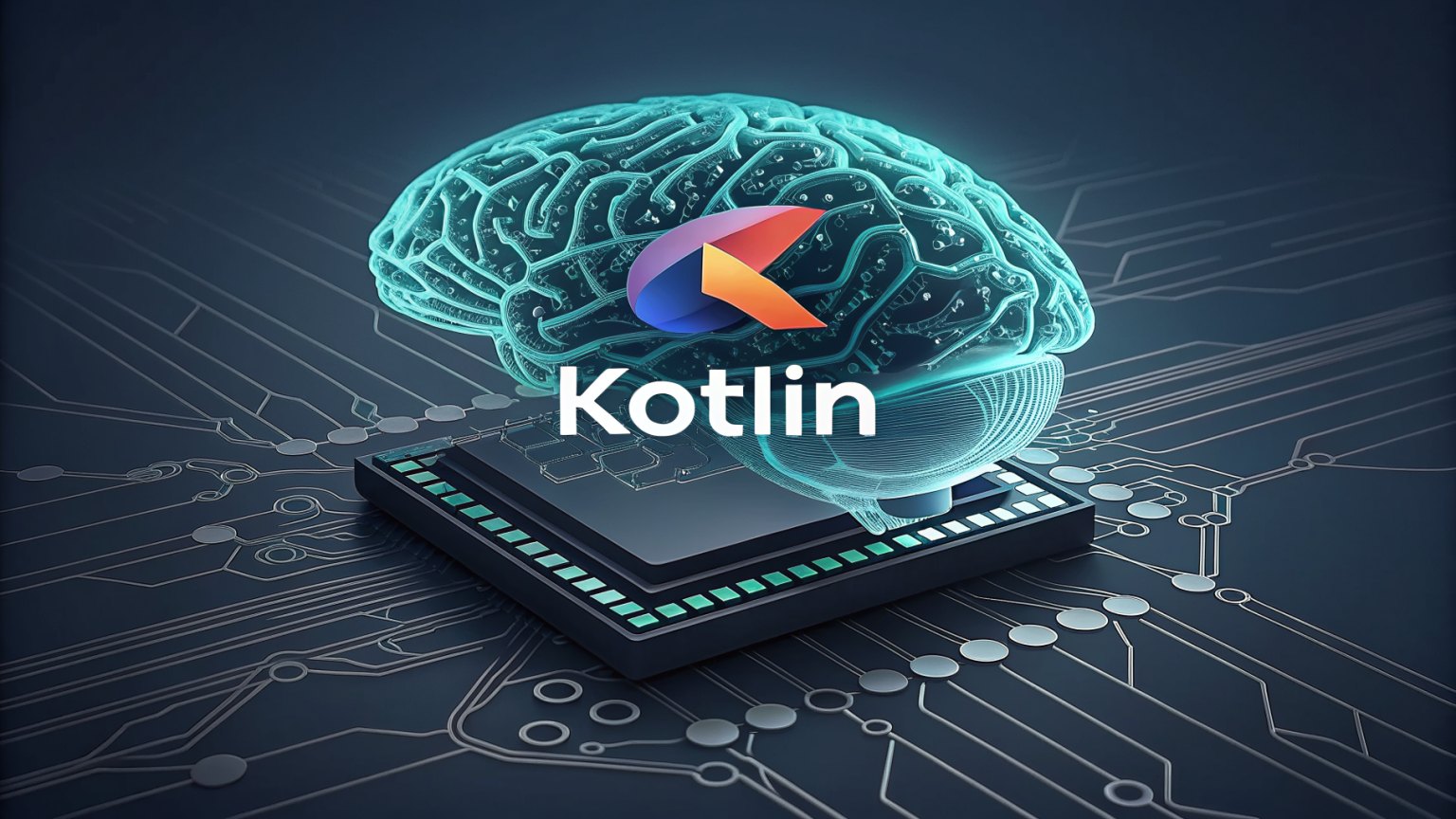 Kotlin logo integrated with a futuristic AI brain