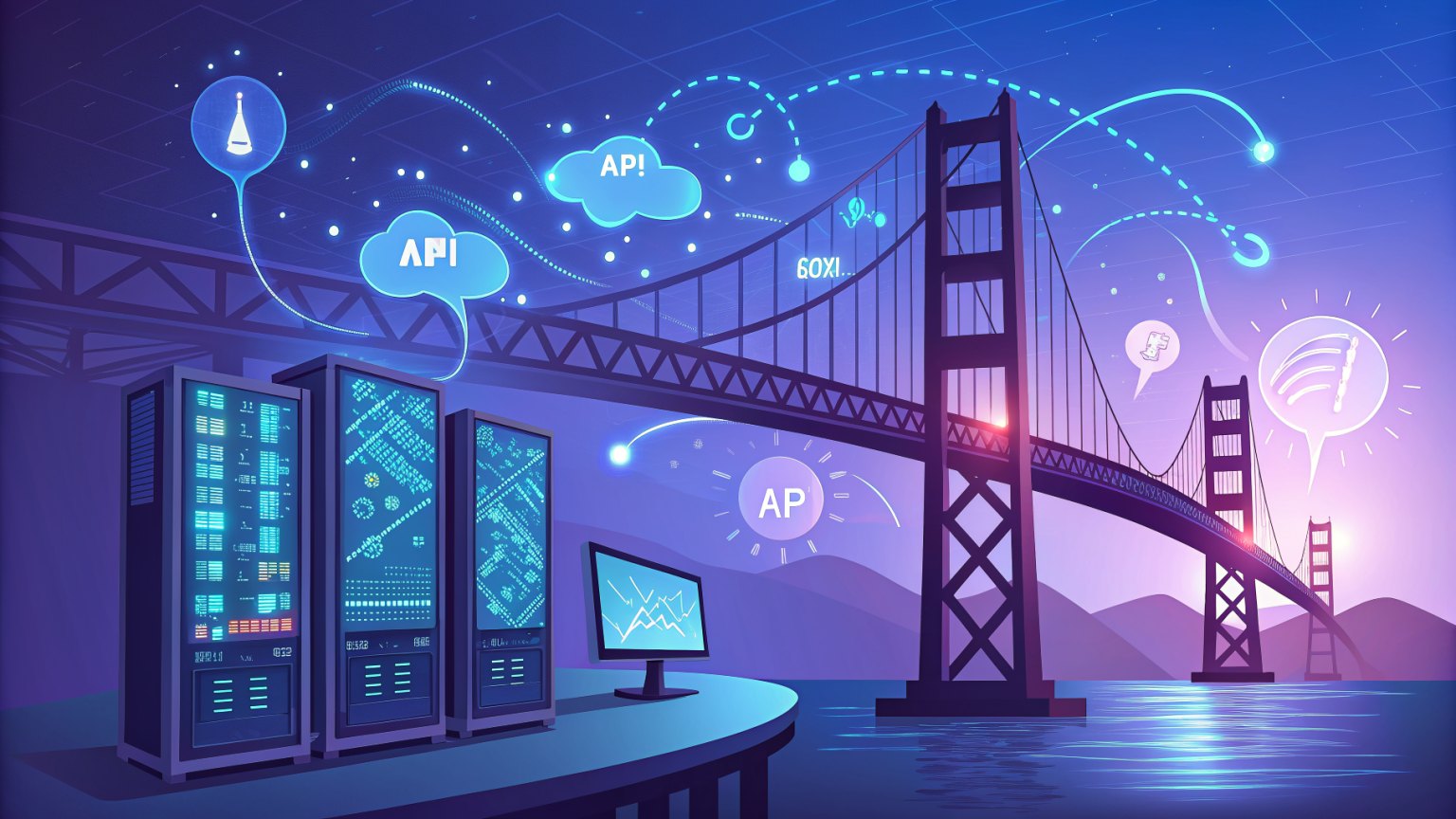 A bridge connecting two servers with API symbols floating between them
