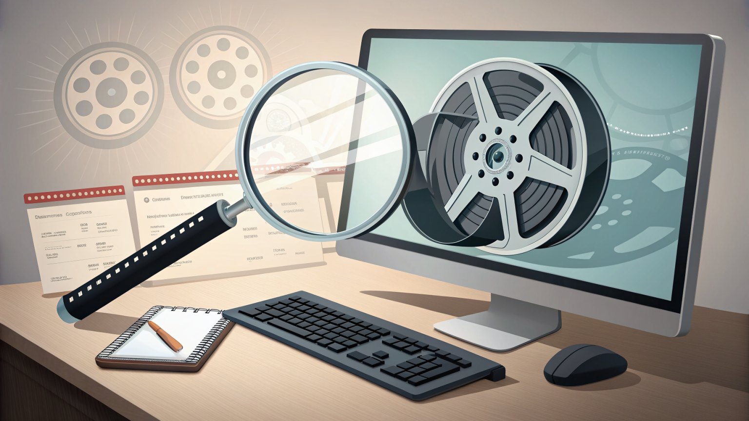 Digital film reel being inspected by a magnifying glass