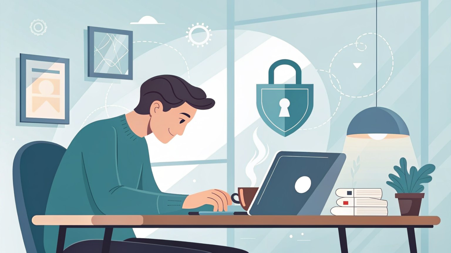 A developer working on a laptop with a secure lock icon on the screen