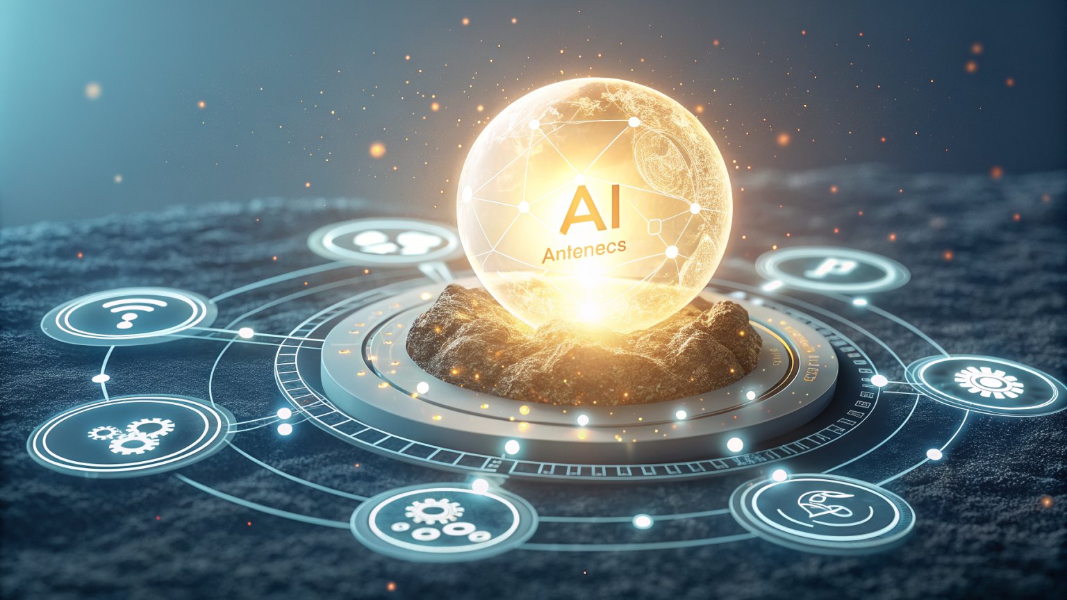 A glowing orb representing advanced AI, surrounded by smaller orbs symbolizing affordability and accessibility