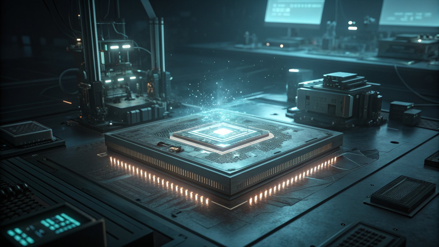 A futuristic quantum chip glowing softly in a dark lab environment
