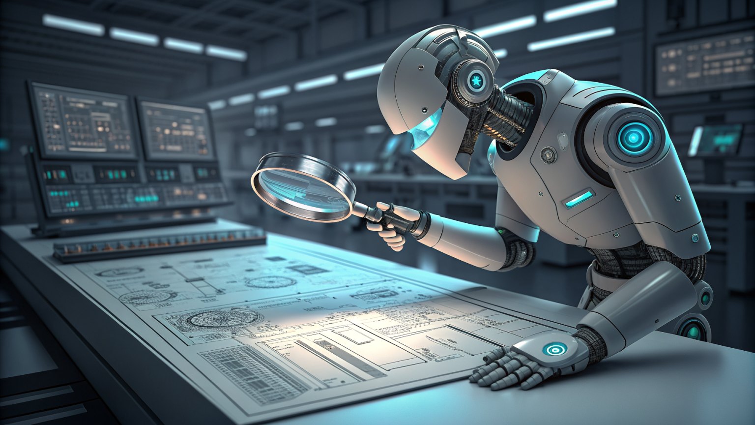 a robot inspecting a blueprint with a magnifying glass