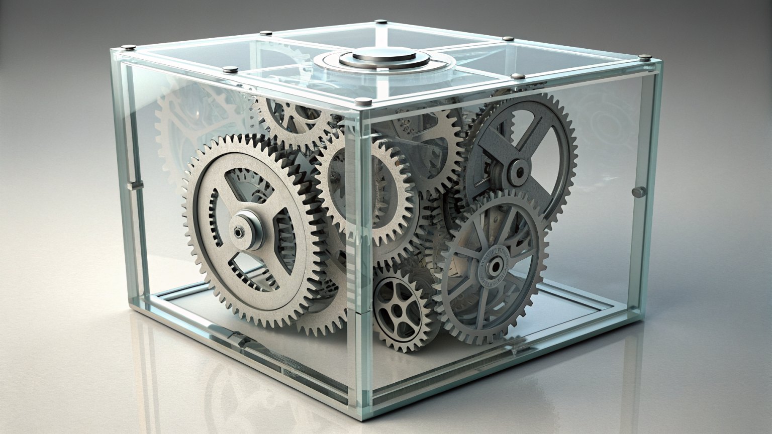 Glass cube with visible inner gears