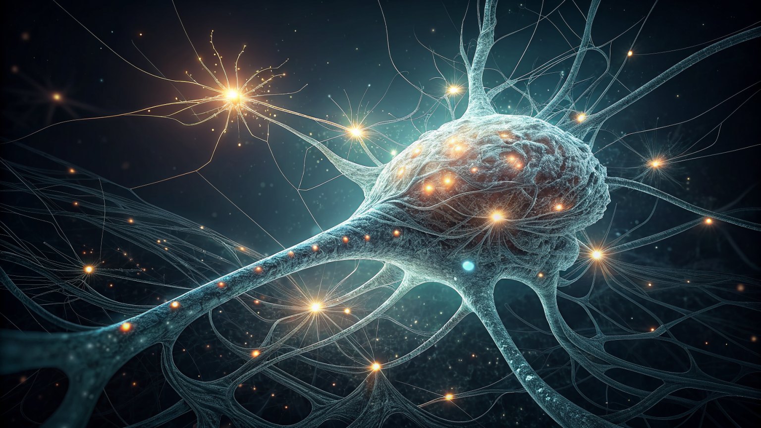 A glowing neural network floating in a dark void, with intricate connections and nodes