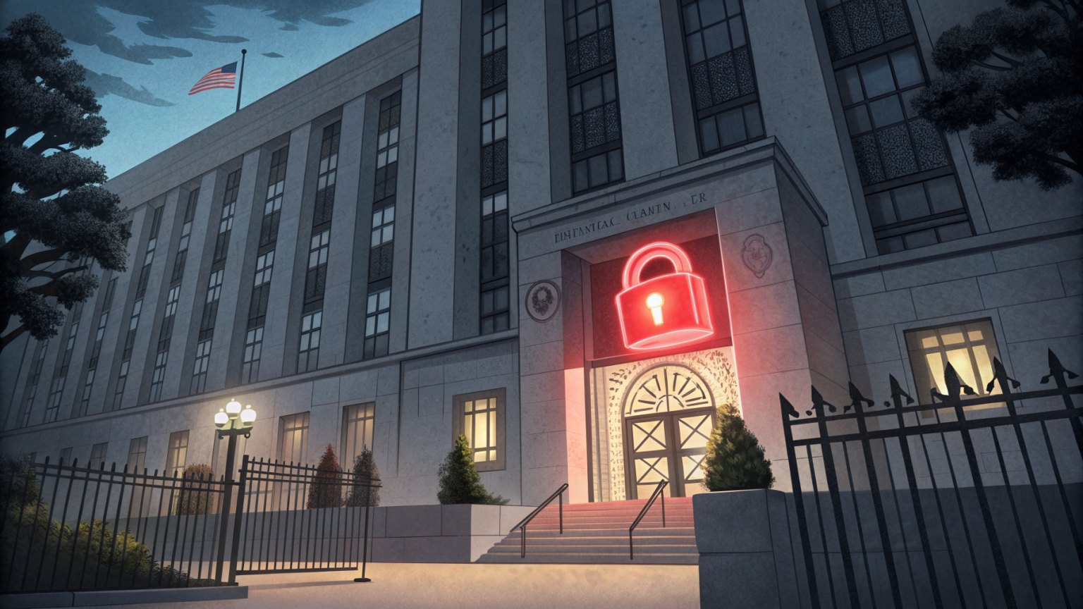 A digital padlock glowing red on a government building facade