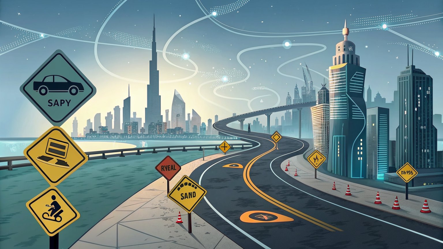 a roadmap with safety signs leading to a futuristic cityscape