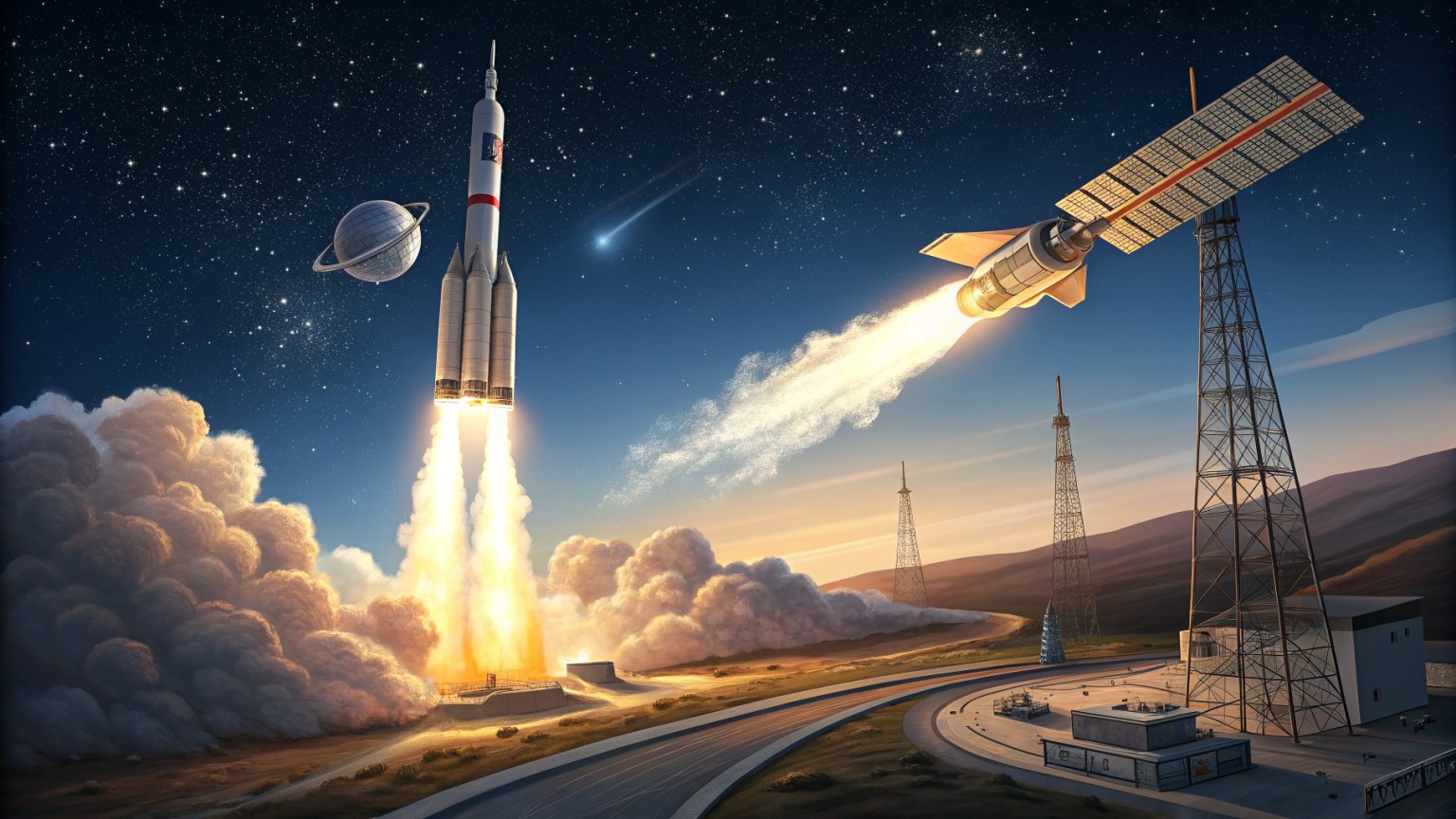 a rocket launching with a satellite detaching from it