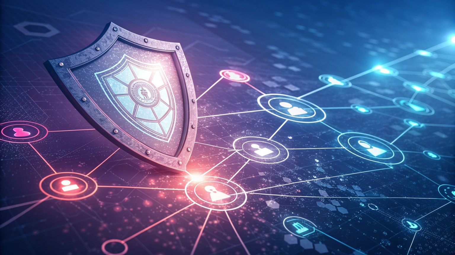 A shield protecting a digital network with glowing nodes
