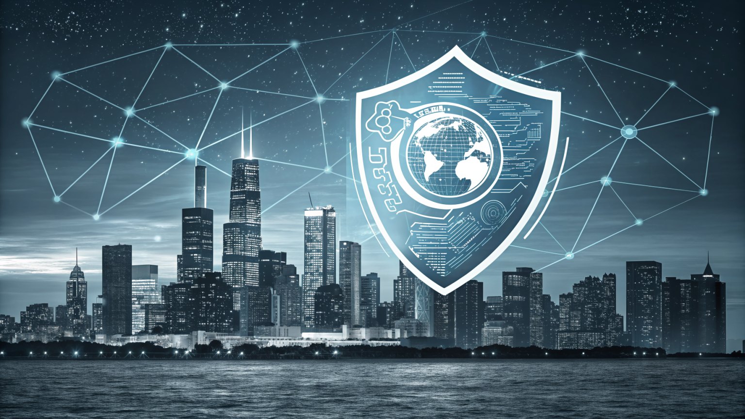 A shield protecting a city skyline, symbolizing cybersecurity and essential services