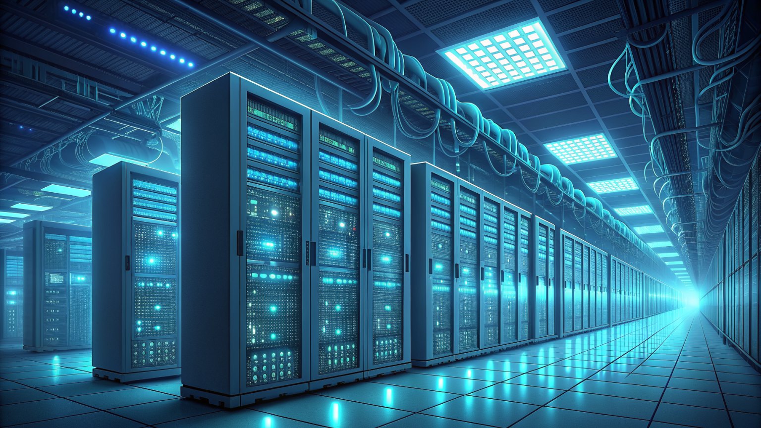 A vast server farm with glowing blue lights symbolizing massive data storage