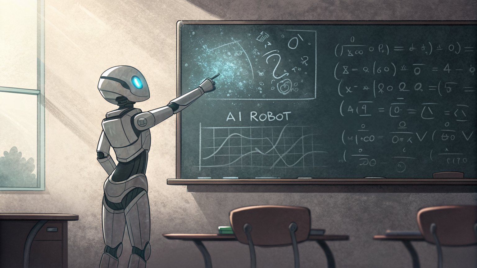 Chalkboard with equations and an AI robot pointing to solutions