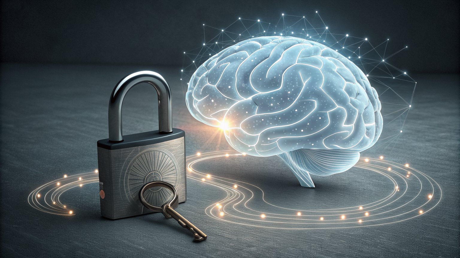A padlock on a glowing brain, symbolizing protected reasoning in AI models
