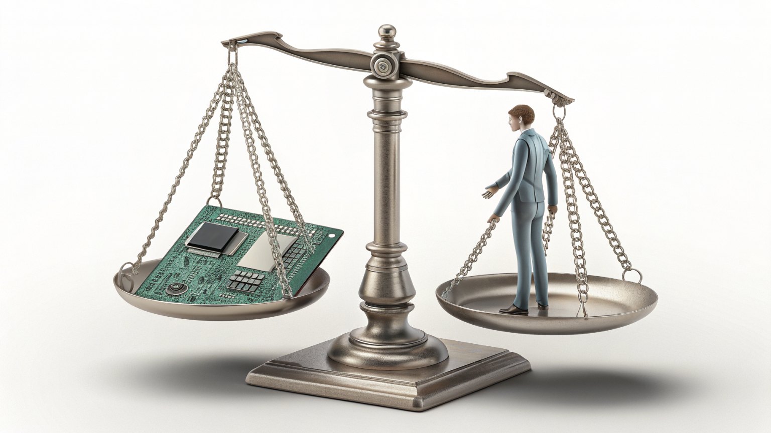 Balanced scales with a microchip on one side and a human figure on the other