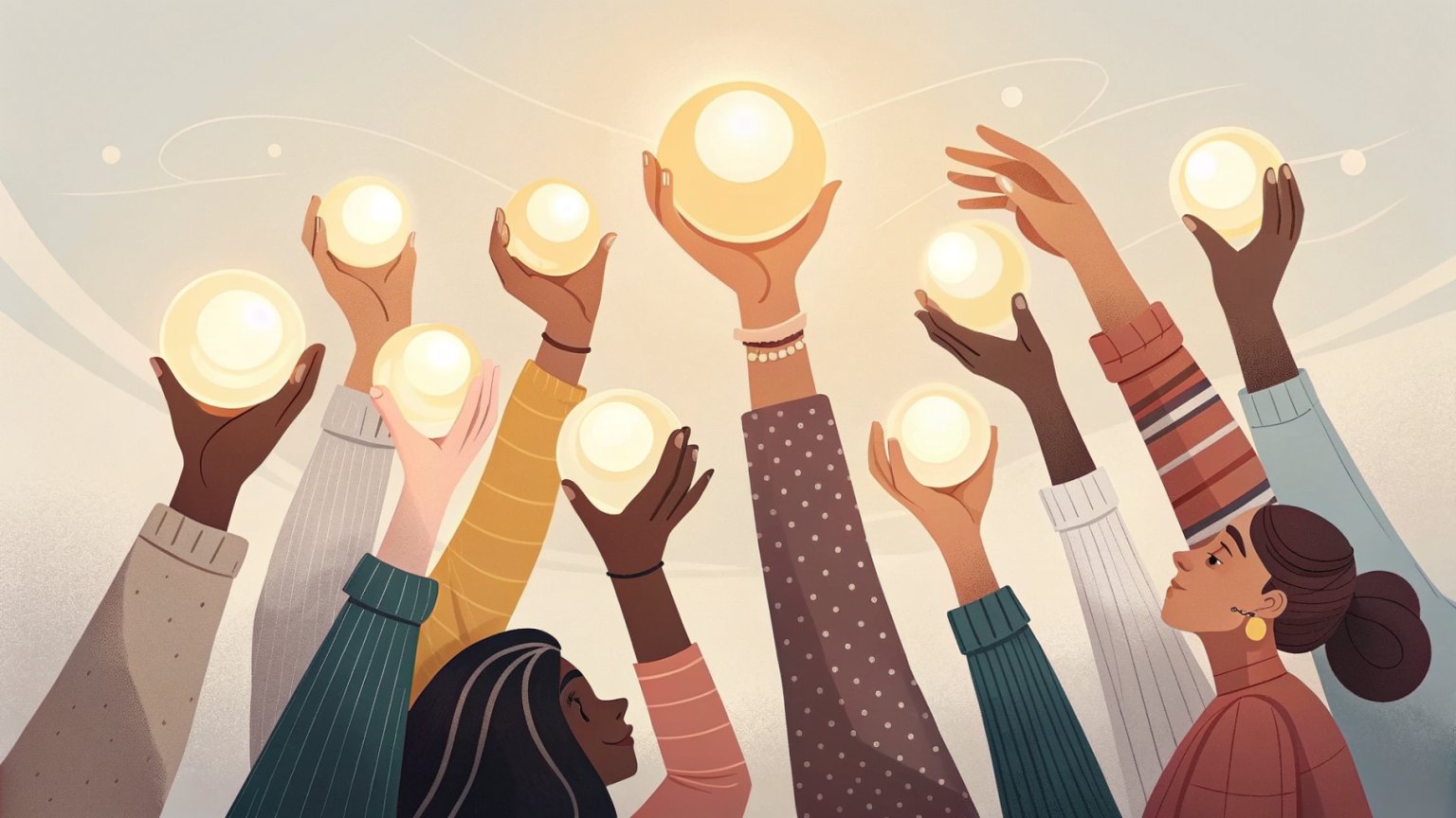 A group of diverse hands holding glowing spheres, symbolizing collaboration and innovation