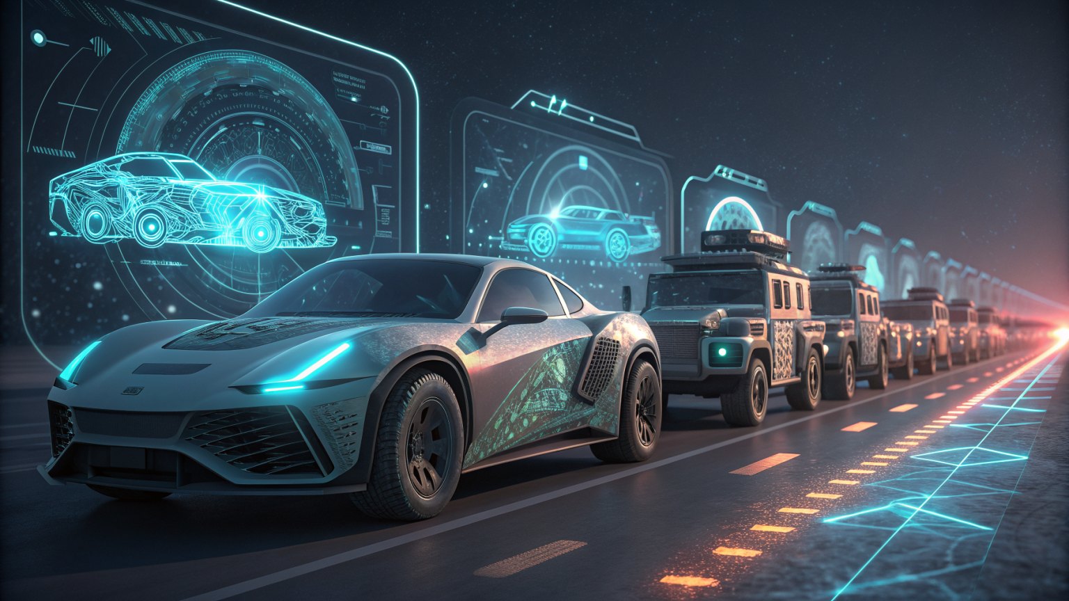 A fleet of vehicles with a glowing AI interface overlay