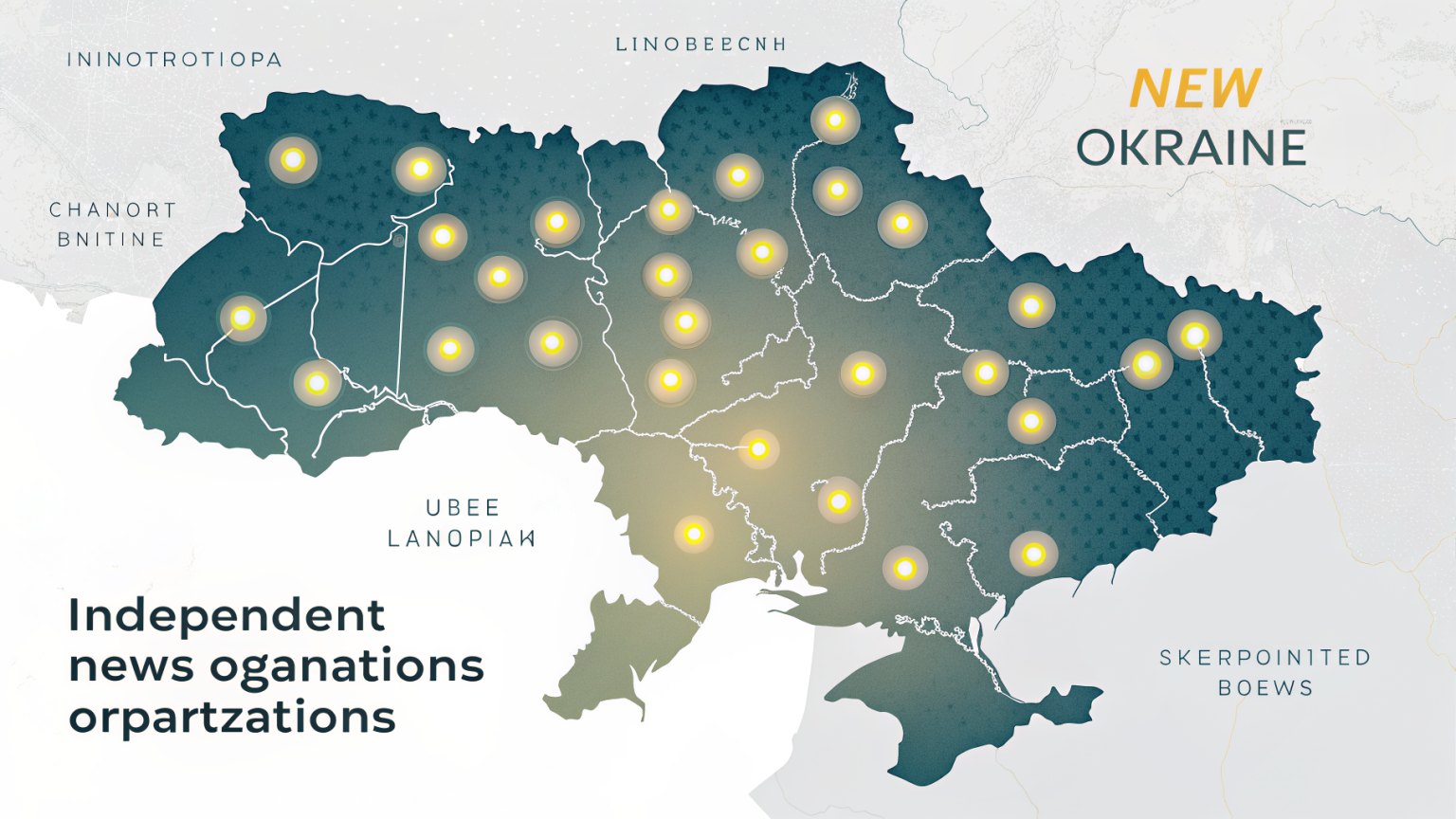 A map of Ukraine with glowing dots representing independent news organizations