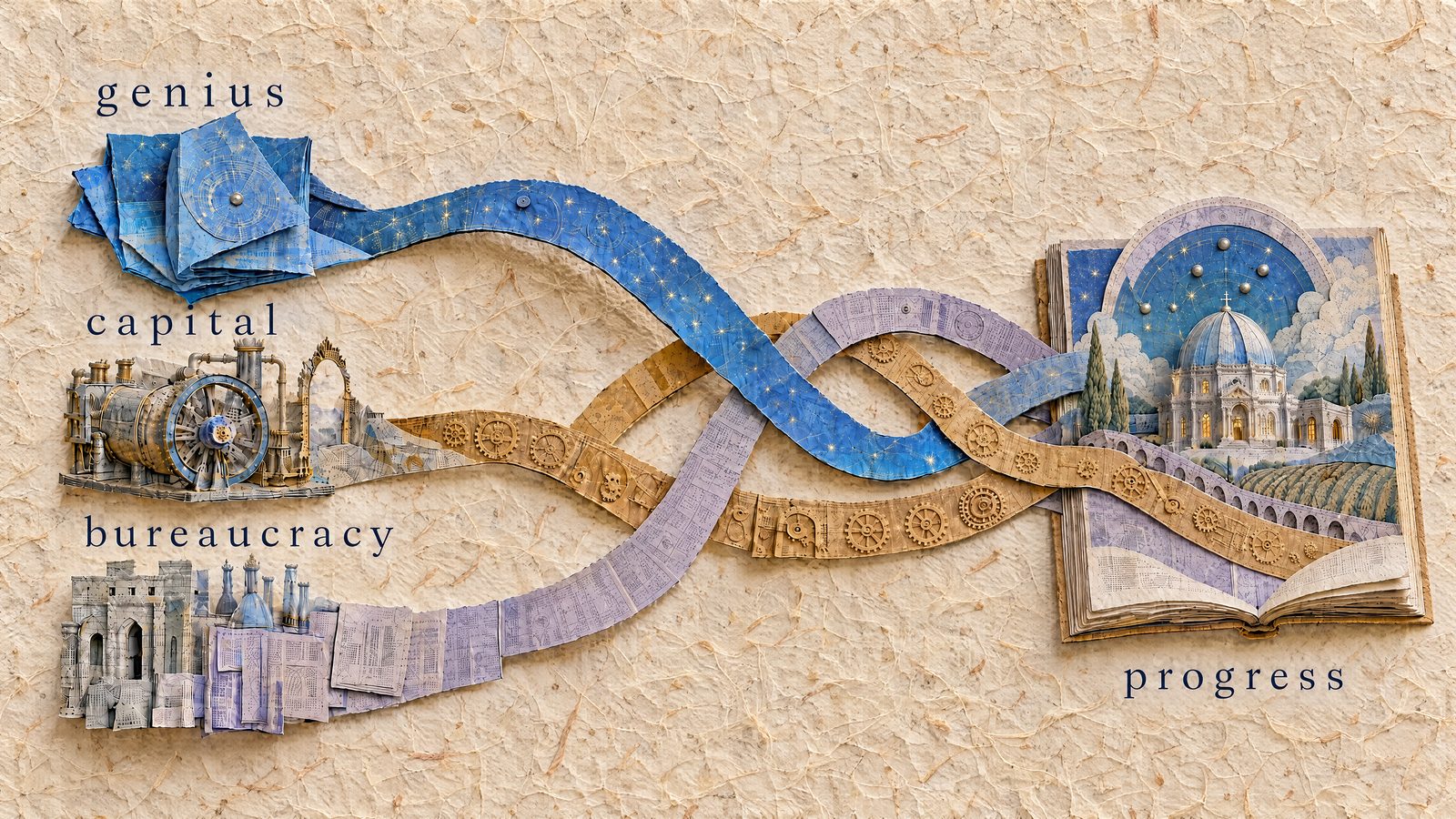 Ribbons labeled genius, capital, and bureaucracy intertwine. Source: OpenAI