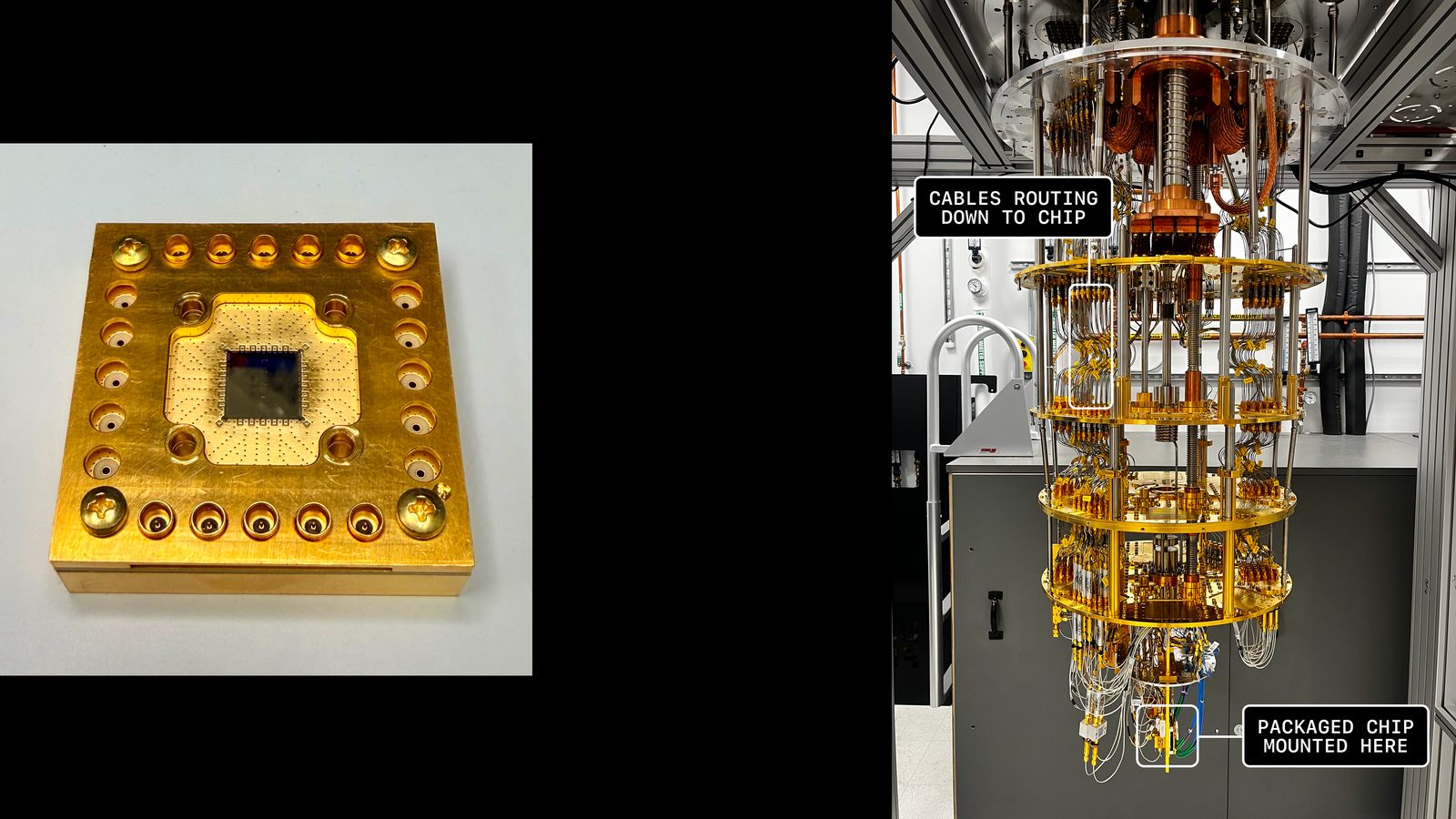 A packaged qubit chip beside an open dilution refrigerator with cabling that connects to the chip. Source: EQuS group
