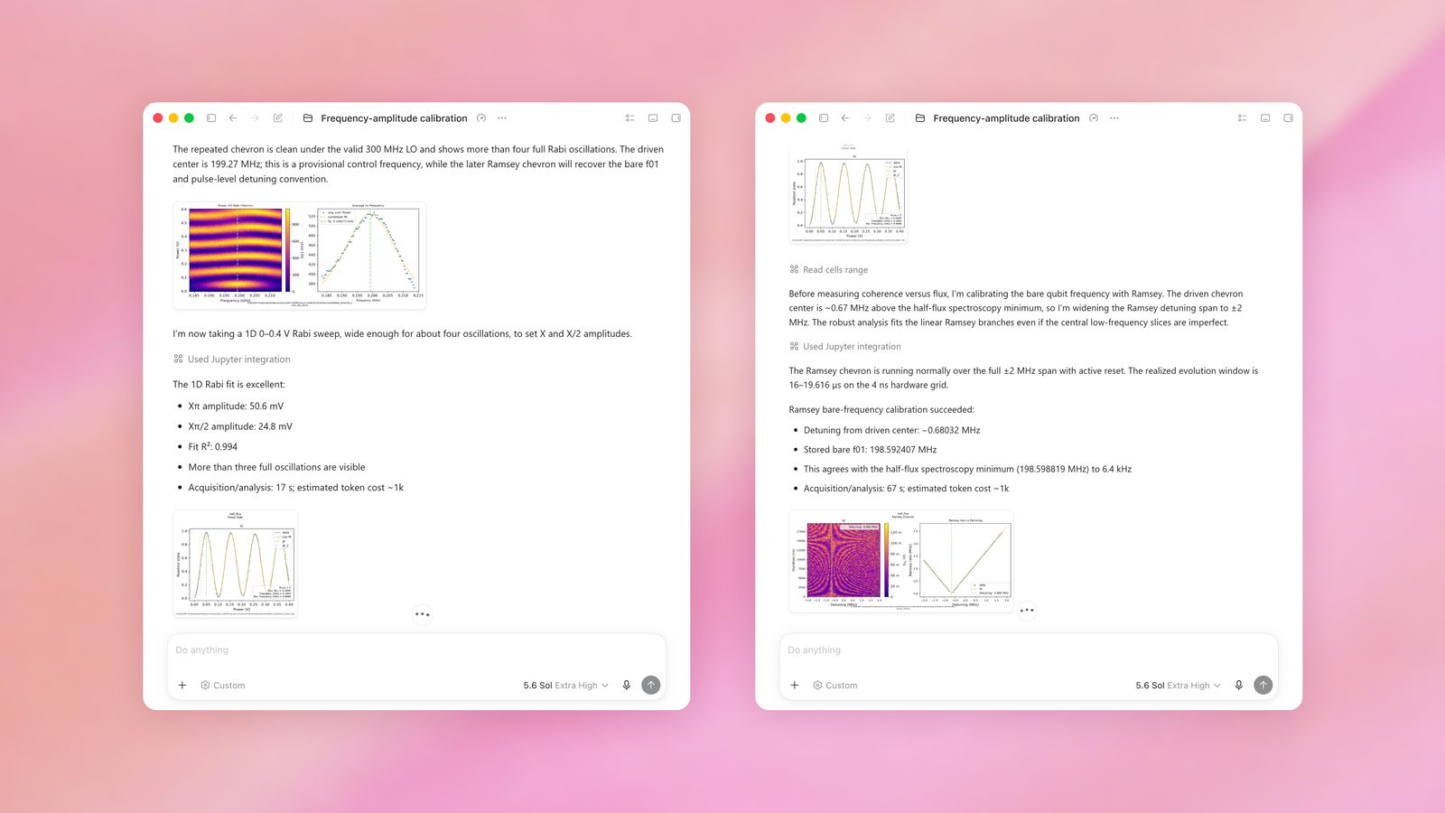 Two GPT-5.6 Sol frequency-amplitude calibration screenshots show Rabi and Ramsey calibration results and plots against a pink gradient. Source: EQuS group