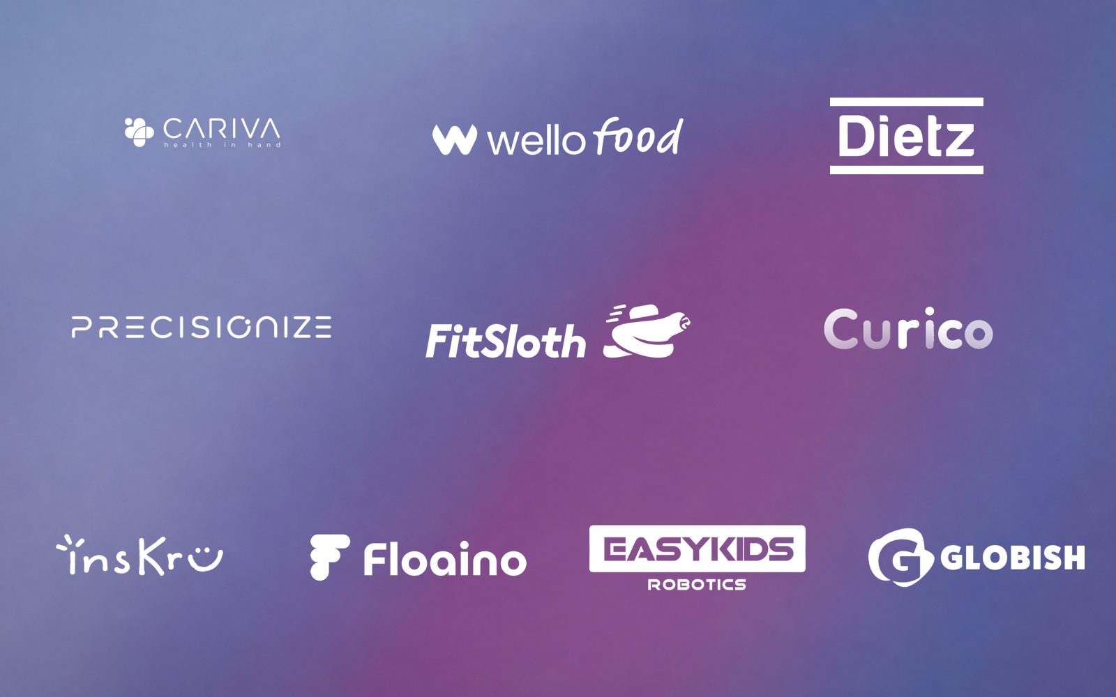 Logos of the ten startups participating in the OpenAI x MHESI AI Accelerator: CARIVA, Wello Food, Dietz, Precisionize, FitSloth, Curico, insKru, Floaino, EasyKids Robotics, and Globish.